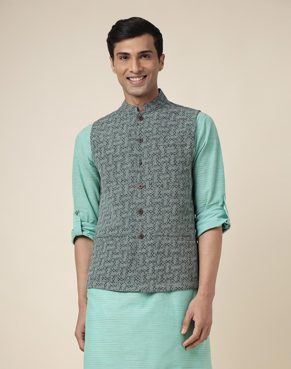 Green Cotton Printed Nehru Jacket