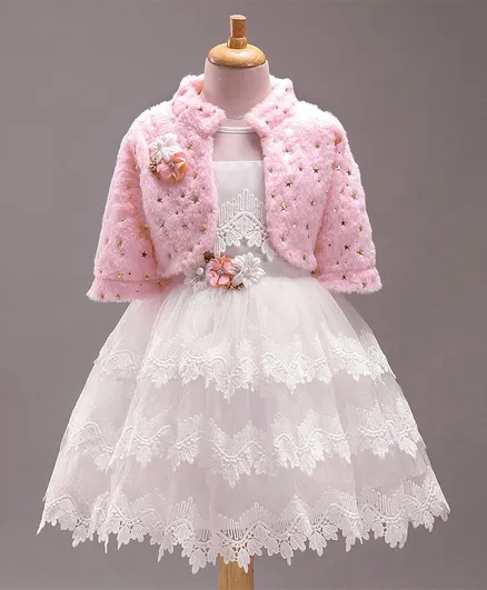 Enfance Sleeveless Embellished And Embroidered Lace Detail Dress With Shrug - White Peach