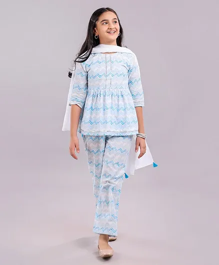 Pine Kids Three Fourth Sleeves Printed Kurta & Salwar with Duppatta - White Blue