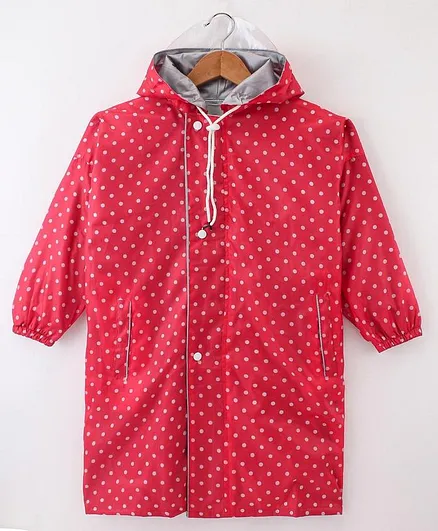 Clownfish Full Sleeves Hooded Raincoat Polka Dots Print - Red