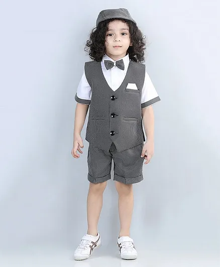AJ Dezines Half Sleeves Solid Shirt With Checked Shorts And Waistcoat And Bow Set - Black