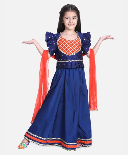 BownBee Cap Sleeves Taffeta Butti Patch Peplum Style Choli With Lehenga & Dupatta - Dark Blue