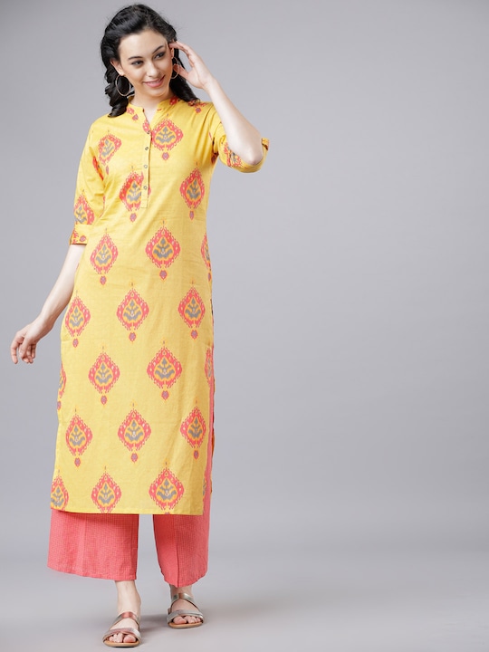 Vishudh - Women Yellow & Red Printed Kurta with Palazzos