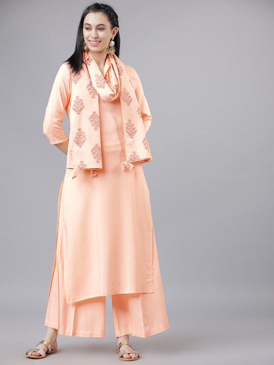 Vishudh - Women Peach-Coloured & Gold-Toned Solid Kurta with Palazzos & Dupatta