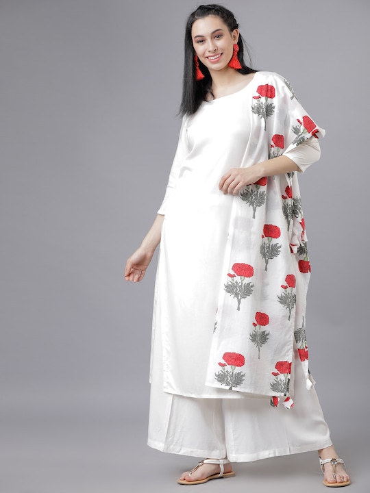 Vishudh - Women Off-White & Red Solid Kurta with Palazzos & Dupatta