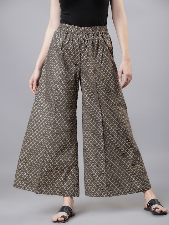 Vishudh - Women Grey & Gold-Toned Printed Wide-Leg Palazzos