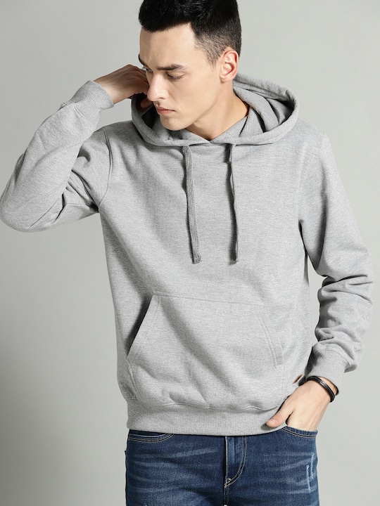 Roadster - The Lifestyle Co Men Grey Melange Solid Hooded Sweatshirt