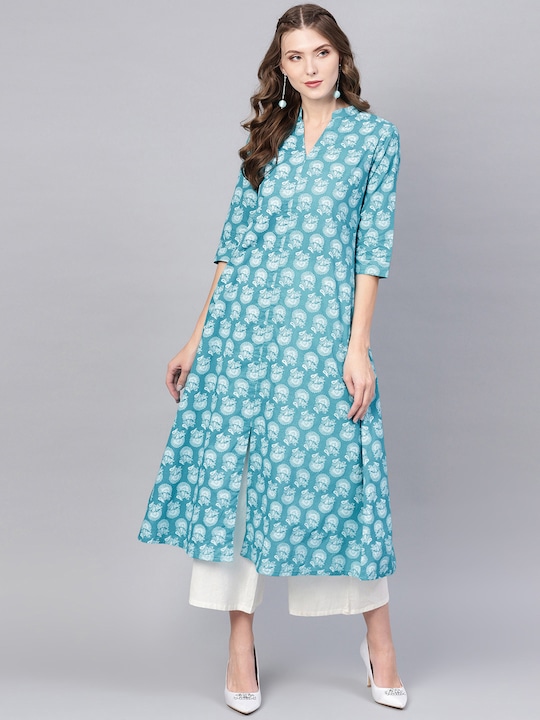 GERUA - Women Blue & White Printed A-Line Kurta