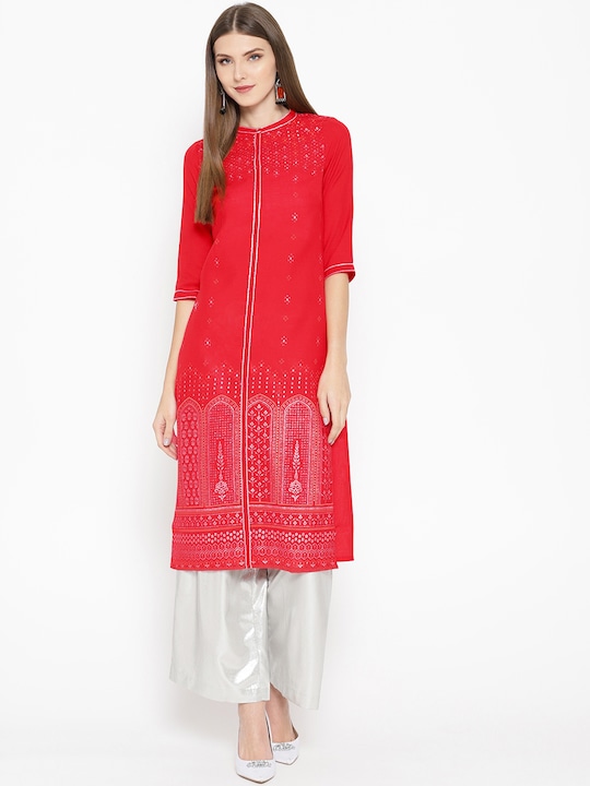 AURELIA - Women Red & Silver Printed Straight Kurta