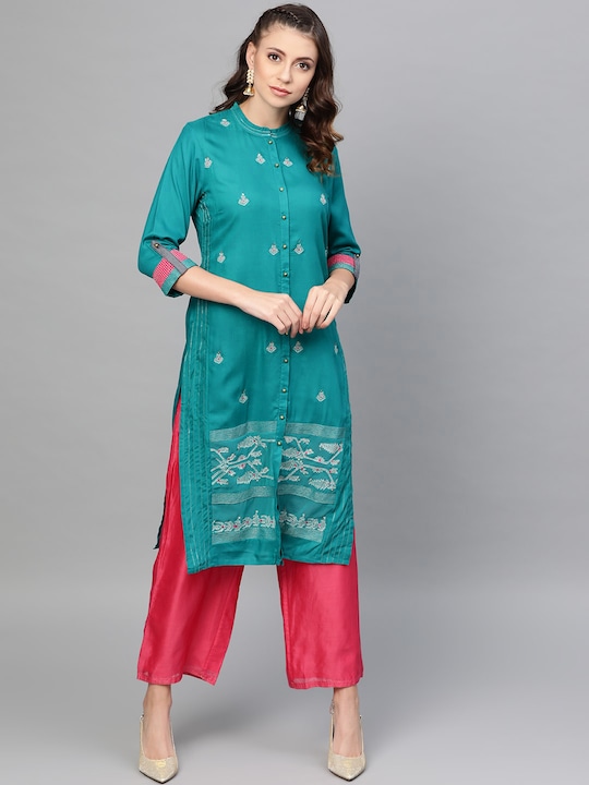 W - Women Teal Green & Silver Embroidered Straight Sustainable Kurta
