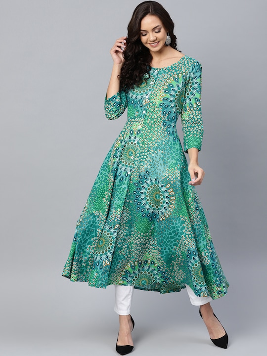 Jompers - Women Green & Blue Printed A-Line Kurta