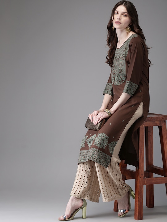Anouk - Women Coffee Brown Printed A-Line Kurta