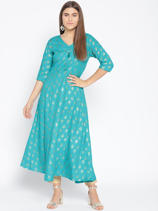 Fabriko - Women Turquoise Blue & Golden Printed A-Line Kurta