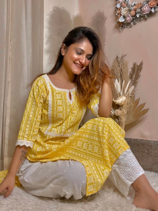 Libas - Women Yellow & White Block Print Straight Kurta