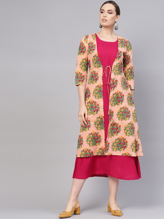 Libas - Women Pink & Peach-Coloured Solid A-Line Dress with Shrug