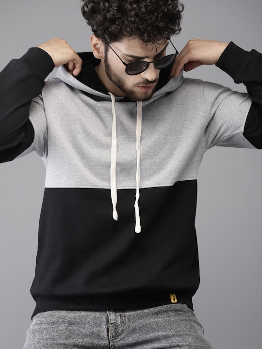 Campus Sutra - Men Black & Grey Colourblocked Hooded Sweatshirt