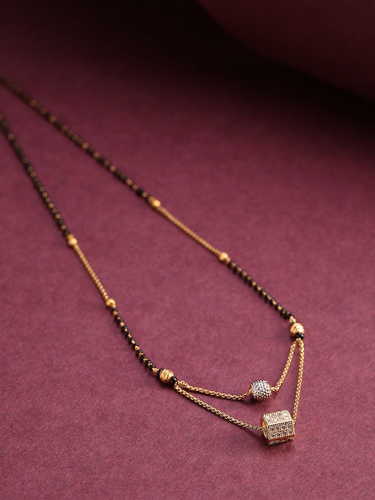 Priyaasi - Black Gold-Plated AD-Studded & Beaded Layered Mangalsutra