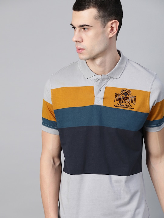 Roadster - Men Grey  Blue Colourblocked Polo Collar Pure Cotton T-shirt