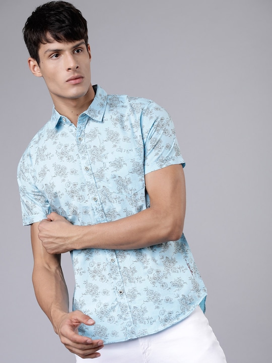 LOCOMOTIVE - Men Blue & Grey Slim Fit Printed Casual Shirt