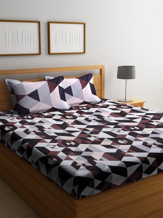 SPACES - Grey & Black Geometric 144 TC Cotton 1 Queen Bedsheet with 2 Pillow Covers