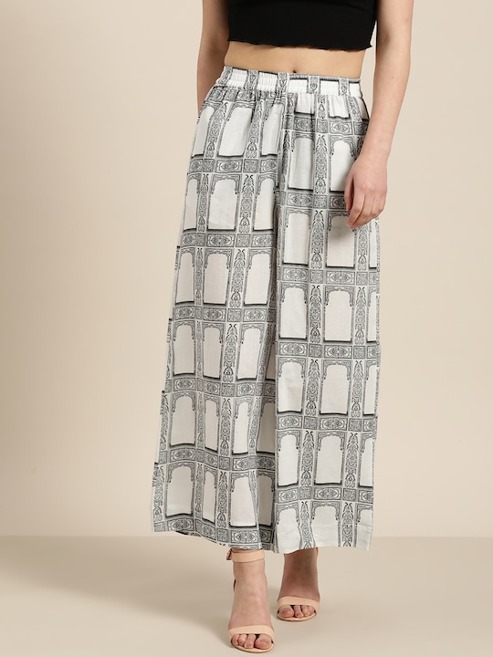 Sangria - Women White & Grey Printed Wide Leg Palazzos