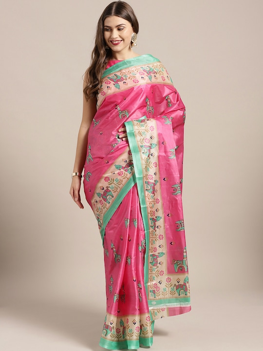 Chhabra 555 - Pink & Green Printed Bhagalpuri Saree