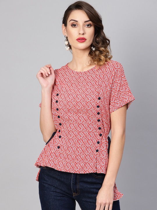 YASH GALLERY - Women Red Printed Cinched Waist Top