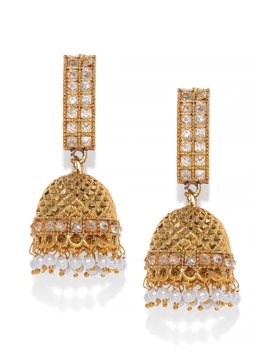 Zaveri Pearls - Gold-Toned Stone Studded Dome Shaped Jhumkas
