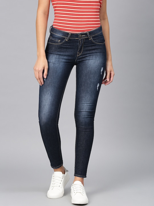 American Crew - Women Blue Slim Fit Mid-Rise Low Distress Stretchable Jeans