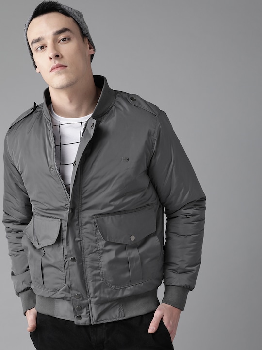 Roadster - Men Grey Solid Bomber Jacket