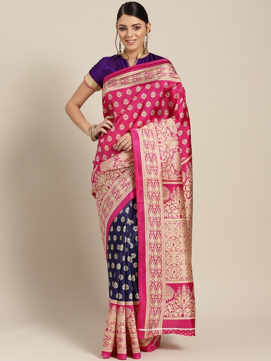 Chhabra 555 - Pink & Navy Half and Half Printed Patola Saree