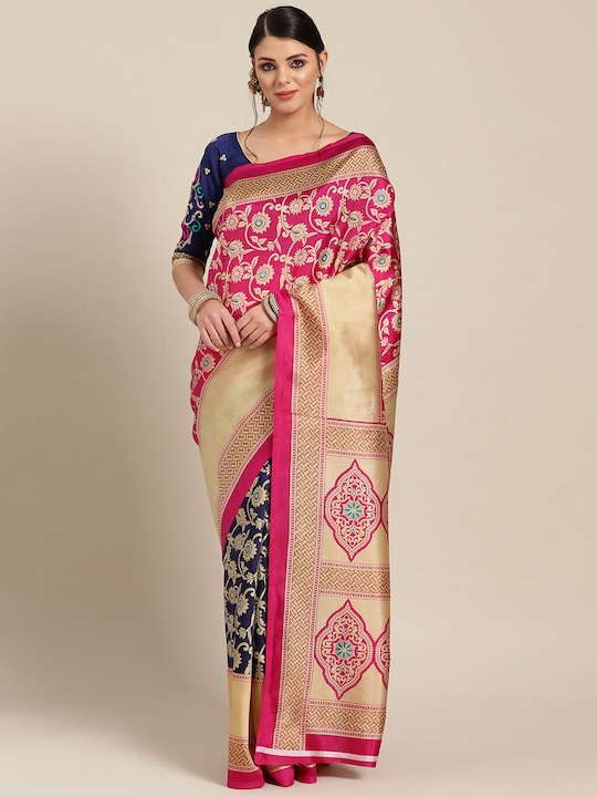 Chhabra 555 - Pink & Navy Blue Meenakari Print Patola Saree