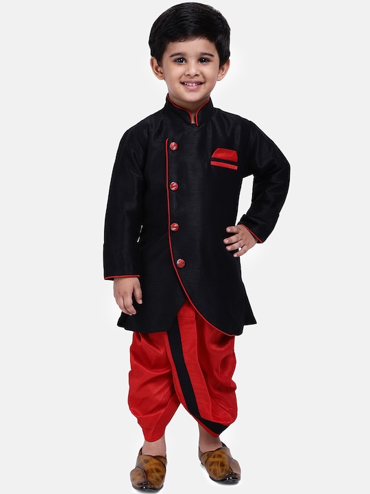 BownBee - Boys Black & Red Solid Kurta with Dhoti Pants