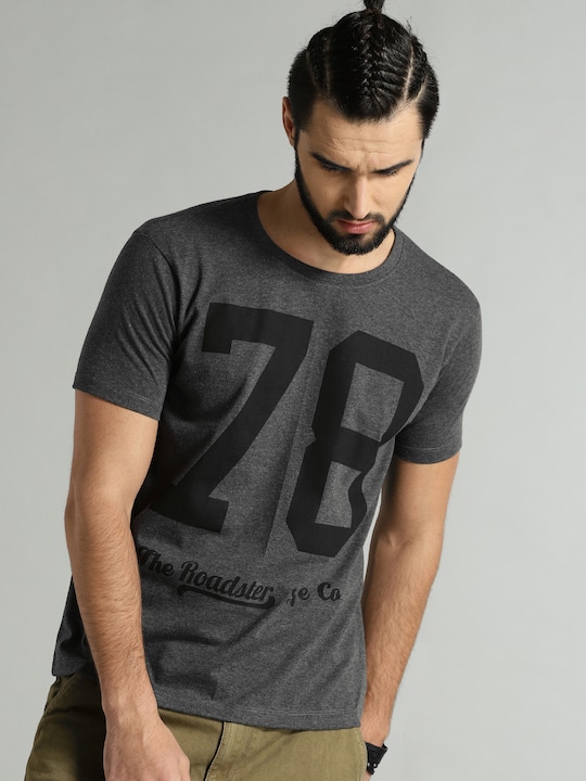 Roadster - Men Charcoal Melange Graphic Printed T-shirt
