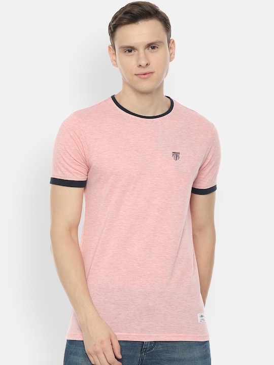 People - Men Pink Solid Round Neck T-shirt