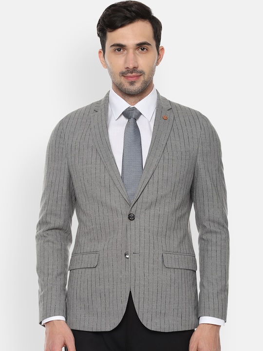 Allen Solly Sport - Men Grey Striped Slim-Fit Single-Breasted Blazer