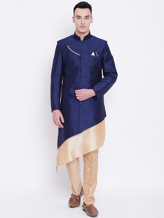 SG RAJASAHAB - Men Navy Blue & Golden Solid Kurta with Trousers & Ethnic Jacket