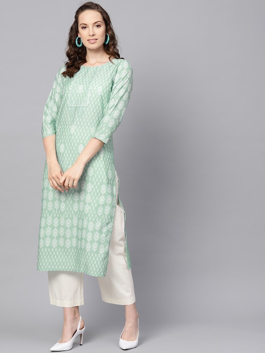 AHIKA - Women Sea Green & White Printed Straight Kurta