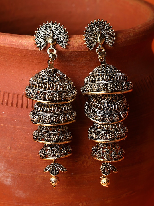 ANIKAS CREATION - Black & Gold-Plated Enamelled Dome Shaped Jhumkas