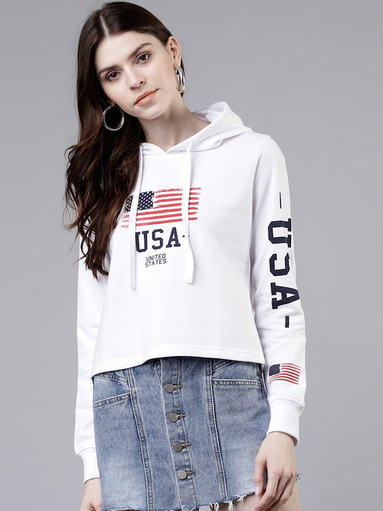 Tokyo Talkies - Women White & Black Printed Hooded Sweatshirt