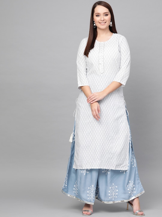 ANAISA - Women White & Blue Printed Kurta with Palazzos