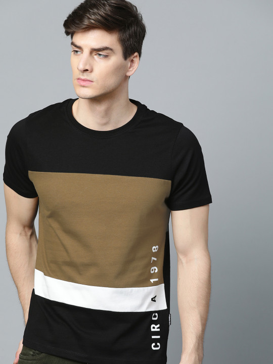 Roadster - The Lifestyle Co Men Black & Olive Brown Colourblocked Cotton T-shirt