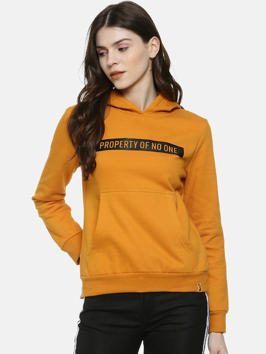 Campus Sutra - Women Mustard Yellow Printed Hooded Sweatshirt