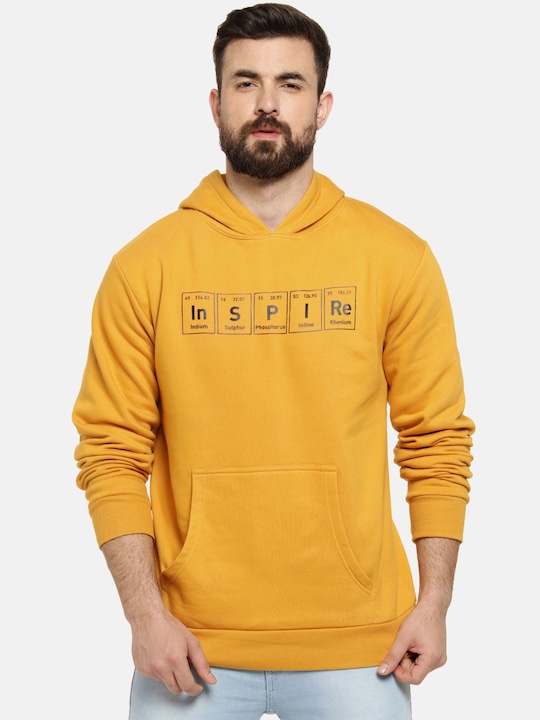 Campus Sutra - Men Mustard Yellow Printed Hooded Pullover Sweatshirt