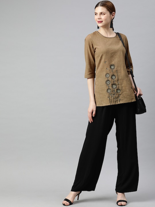 Jaipur Kurti - Women Brown Embroidered Pure Cotton Top