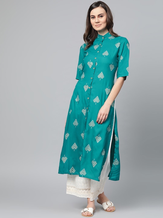 Popnetic - Women Green & Golden Printed Straight Kurta