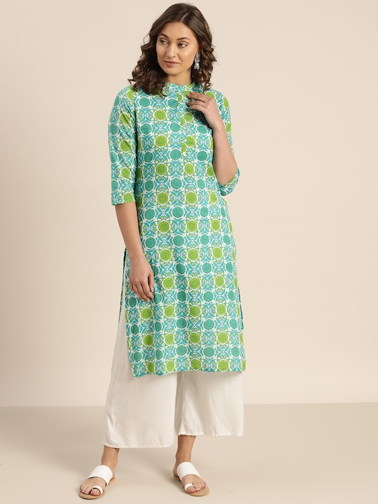 Sangria - Women White & Blue Printed Straight Kurta