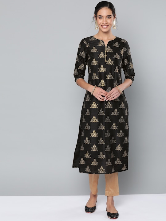 STREET 9 - Women Black & Golden Foil Printed Kurta with Trousers