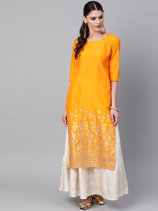 Libas - Women Mustard Yellow & Golden Printed Straight Kurta