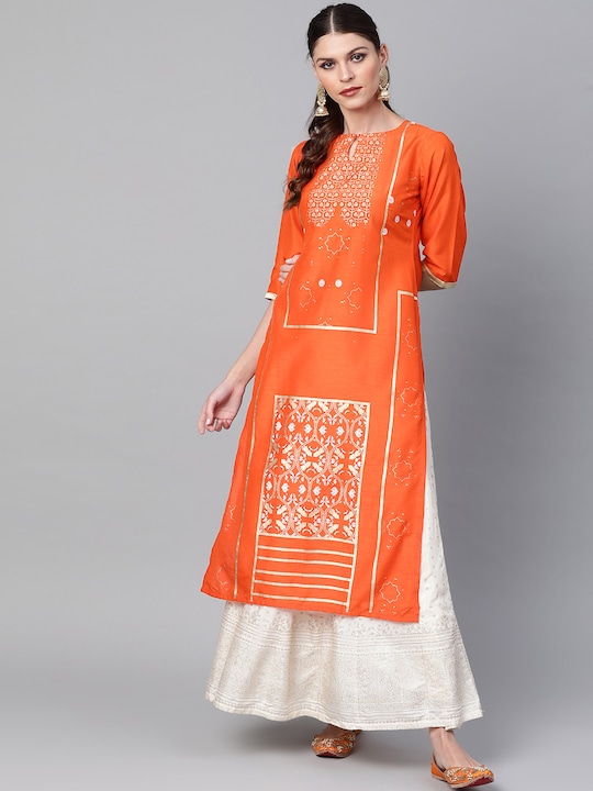 Libas - Women Orange & Golden Block Printed Straight Kurta